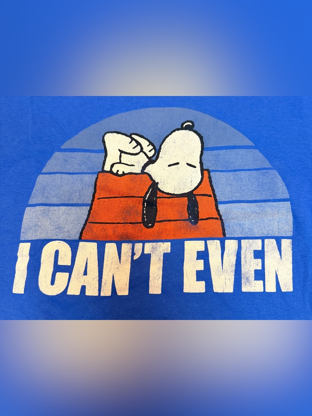 Snoopy Peanuts T Shirt Unisex Cropped I Can't Even Blue Size Small Pullover Crew